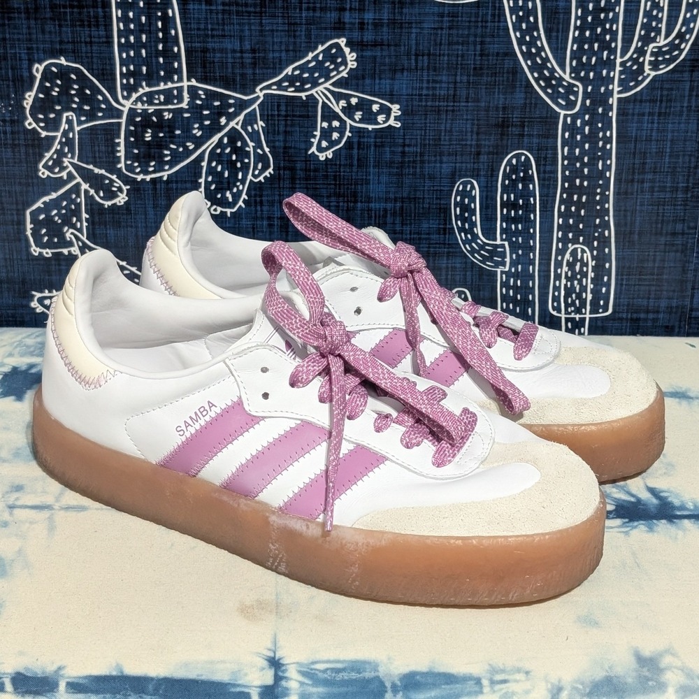 Adidas Samba Leather Suede Trim Low Top Platform Sneakers White Purple Size 8.5
